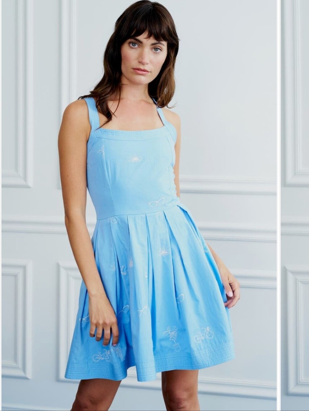 Light Blue Square-Neck Mini Dress with Pleated Skirt